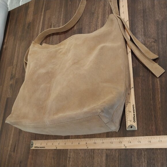 MNG Mango Beige Suede Leather Shoulder Bag Hobo Medium Purse Fringe Zipper - Picture 6 of 12